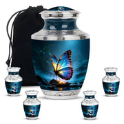Azure Butterfly Cremation Urn lifestyle display on memorial shelf - contemporary butterfly design with modern artistic flair - memorial set with one large and four small urns