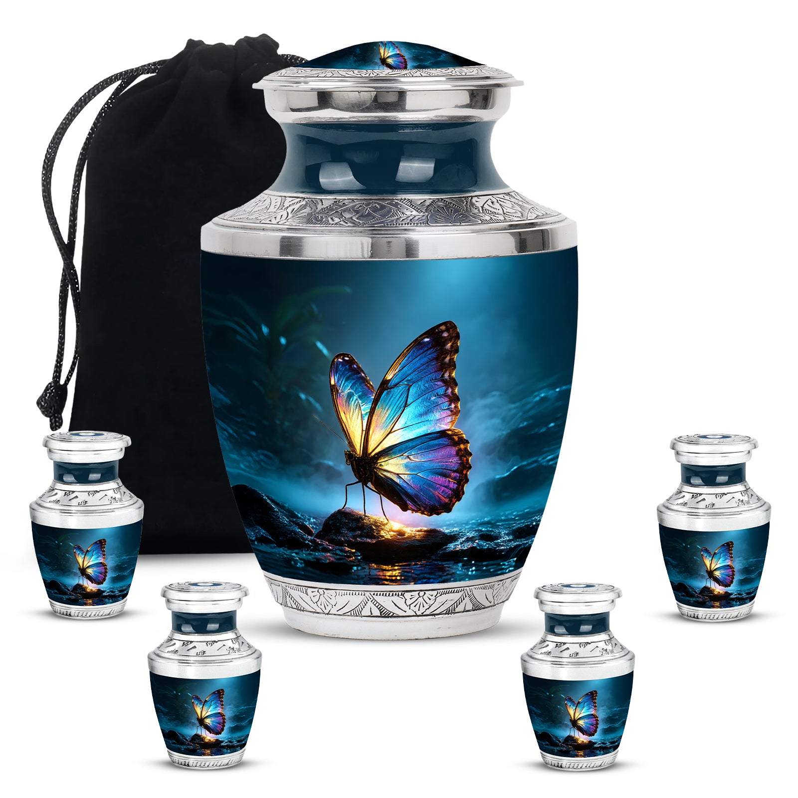 Azure Butterfly Cremation Urn lifestyle display on memorial shelf - contemporary butterfly design with modern artistic flair - memorial set with one large and four small urns