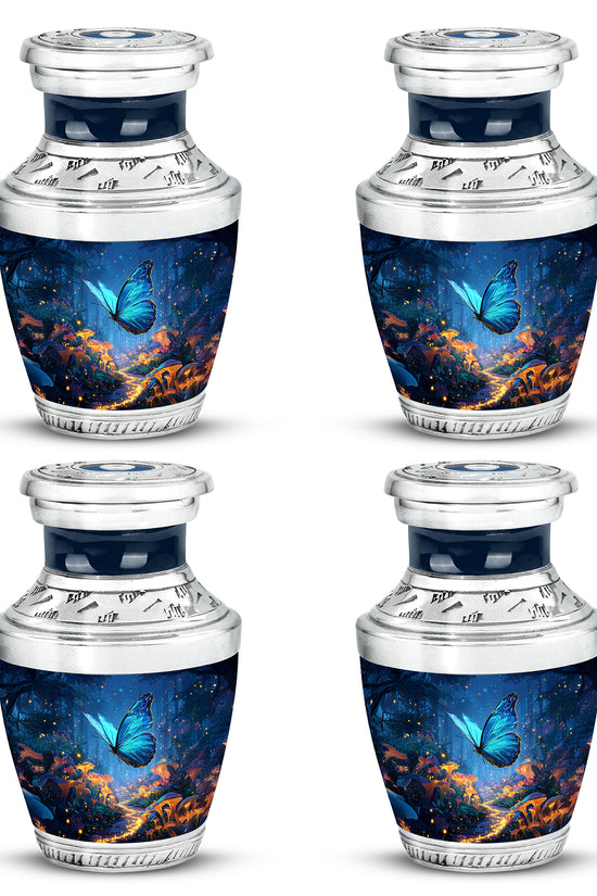 Royal Blue Butterfly Cremation Urn back view with polished surface - stylized abstract butterfly pattern with bold lines - 10 inch aluminum urn for cremated remains