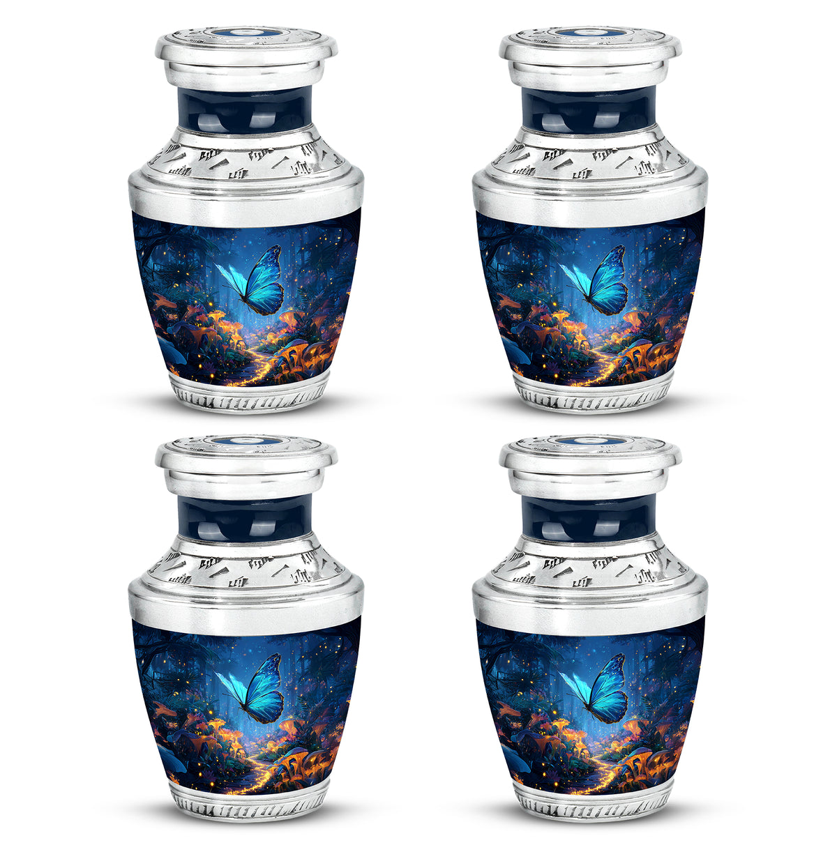 Royal Blue Butterfly Cremation Urn back view with polished surface - stylized abstract butterfly pattern with bold lines - 10 inch aluminum urn for cremated remains