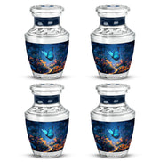 Royal Blue Butterfly Cremation Urn back view with polished surface - stylized abstract butterfly pattern with bold lines - 10 inch aluminum urn for cremated remains