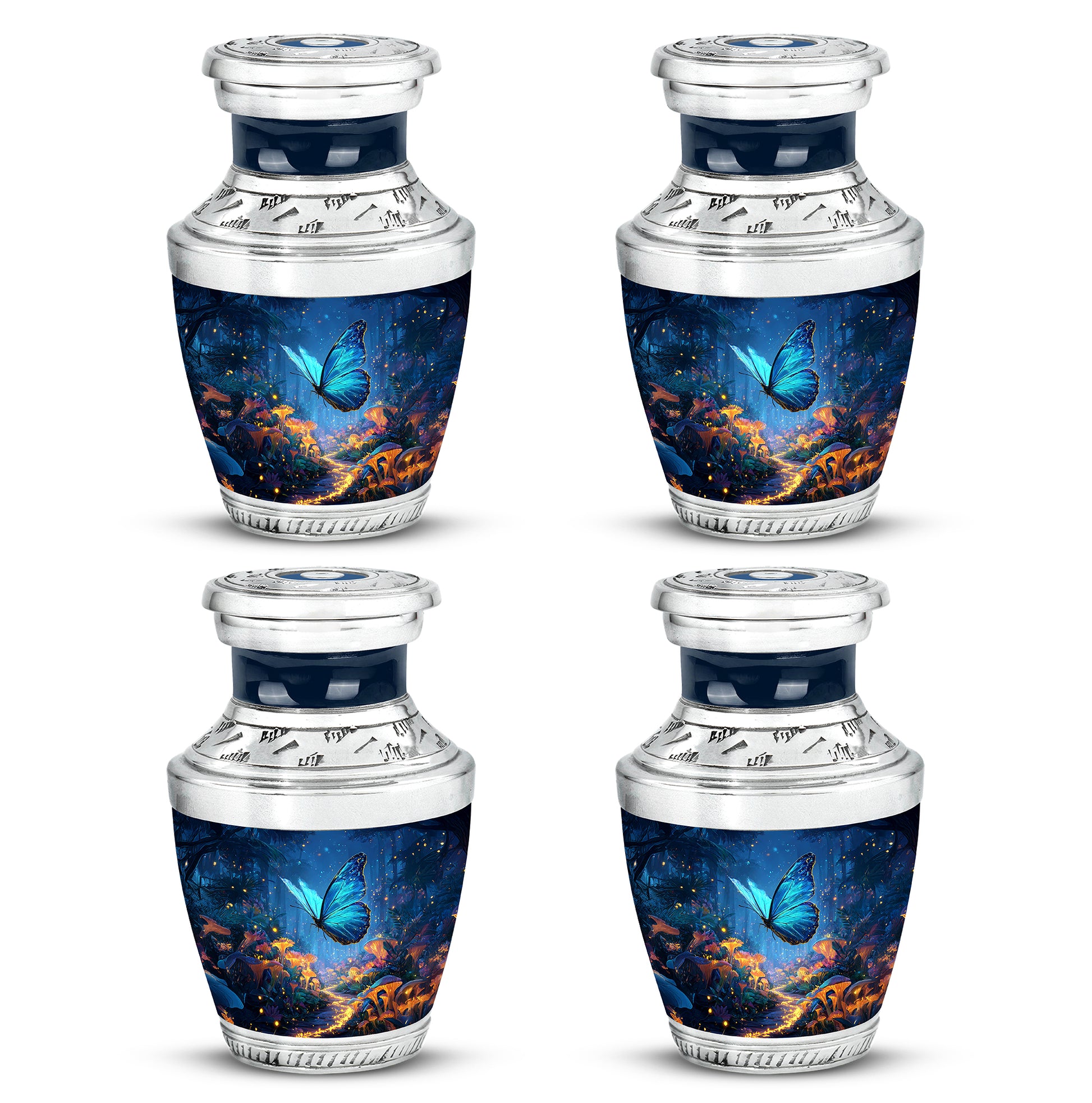 Royal Blue Butterfly Cremation Urn back view with polished surface - stylized abstract butterfly pattern with bold lines - 10 inch aluminum urn for cremated remains