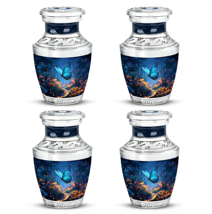 Royal Blue Butterfly Cremation Urn back view with polished surface - stylized abstract butterfly pattern with bold lines - 10 inch aluminum urn for cremated remains