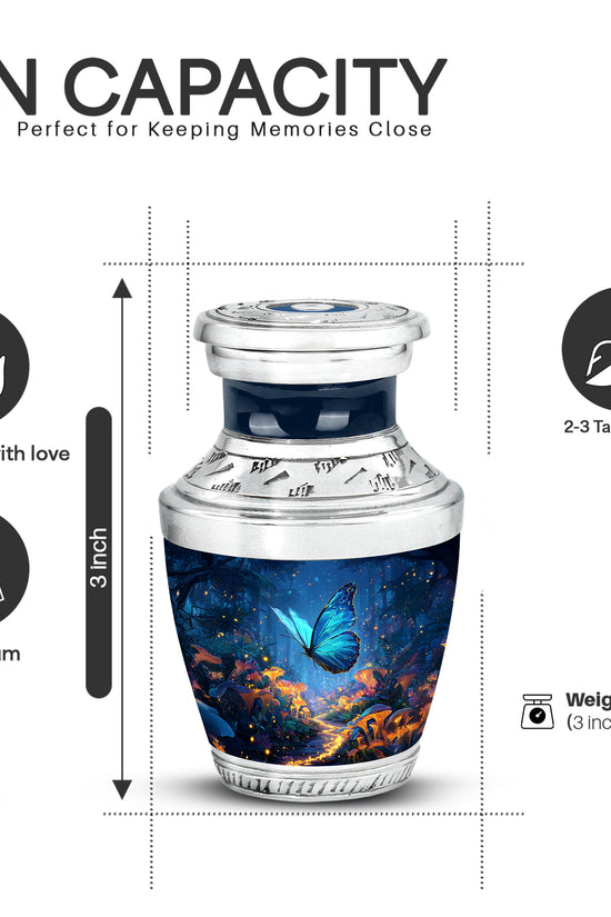 Twilight Blue Butterfly Cremation Urn top-down view of secure threaded lid - stylized abstract butterfly pattern with bold lines - mini keepsake memorial for portion of cremation ashes