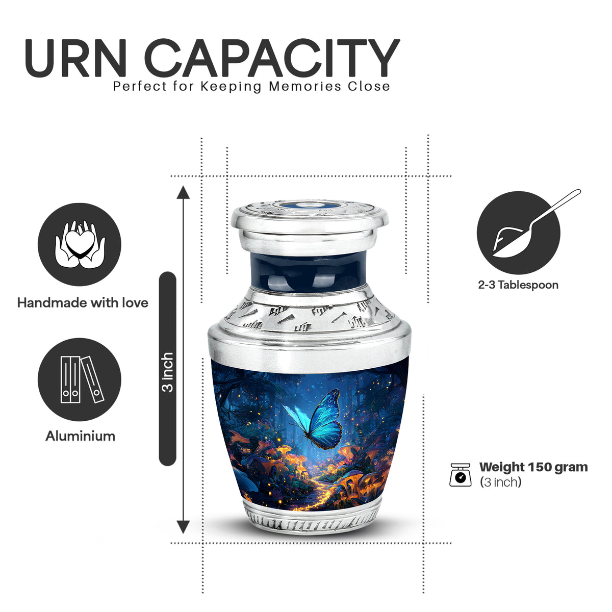 Twilight Blue Butterfly Cremation Urn top-down view of secure threaded lid - stylized abstract butterfly pattern with bold lines - mini keepsake memorial for portion of cremation ashes