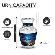 Twilight Blue Butterfly Cremation Urn top-down view of secure threaded lid - stylized abstract butterfly pattern with bold lines - mini keepsake memorial for portion of cremation ashes