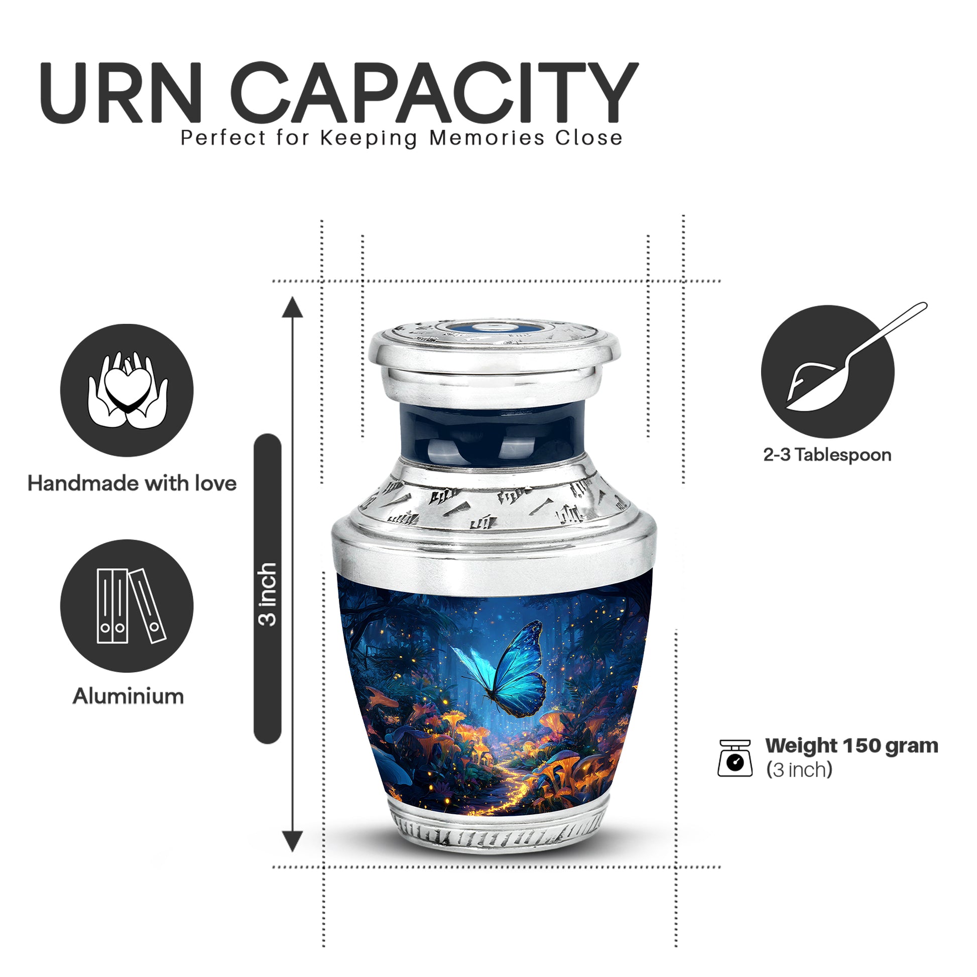 Twilight Blue Butterfly Cremation Urn top-down view of secure threaded lid - stylized abstract butterfly pattern with bold lines - mini keepsake memorial for portion of cremation ashes