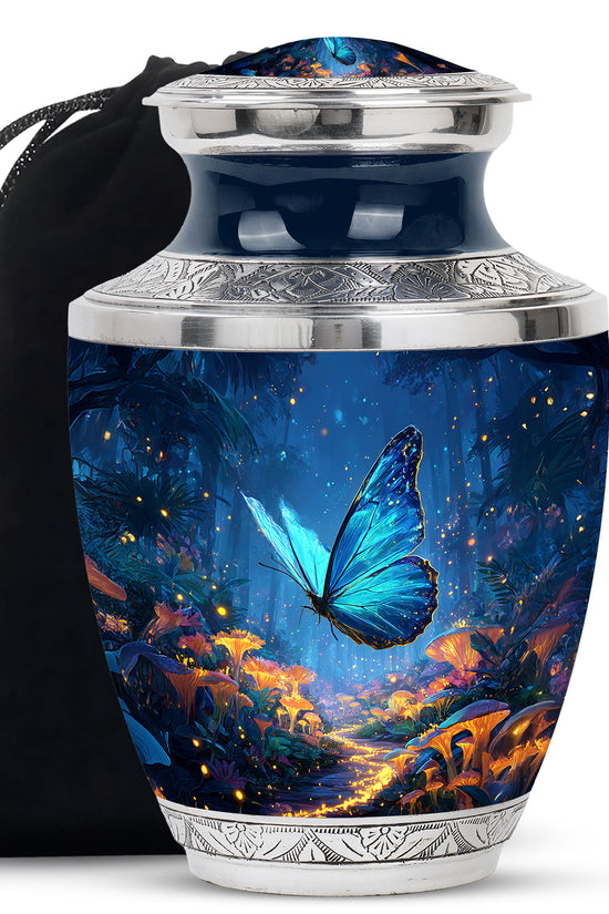 Calming Blue Butterfly Cremation Urn side profile showing urn shape - artistic butterfly interpretation with creative detail - full-size 10 inch 200 cubic inch adult cremation urn