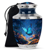 Calming Blue Butterfly Cremation Urn side profile showing urn shape - artistic butterfly interpretation with creative detail - full-size 10 inch 200 cubic inch adult cremation urn