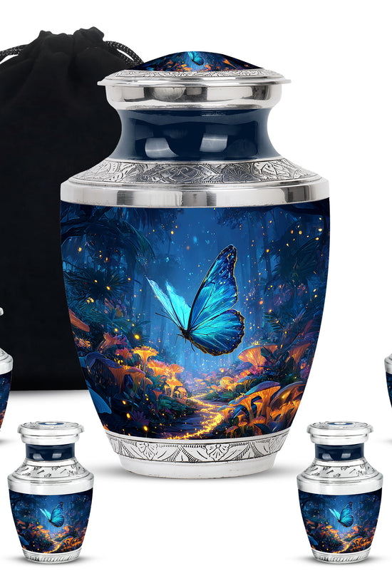 Calming Blue Butterfly Cremation Urn lifestyle display on memorial shelf - stylized abstract butterfly pattern with bold lines - memorial set with one large and four small urns
