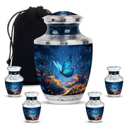 Calming Blue Butterfly Cremation Urn lifestyle display on memorial shelf - stylized abstract butterfly pattern with bold lines - memorial set with one large and four small urns