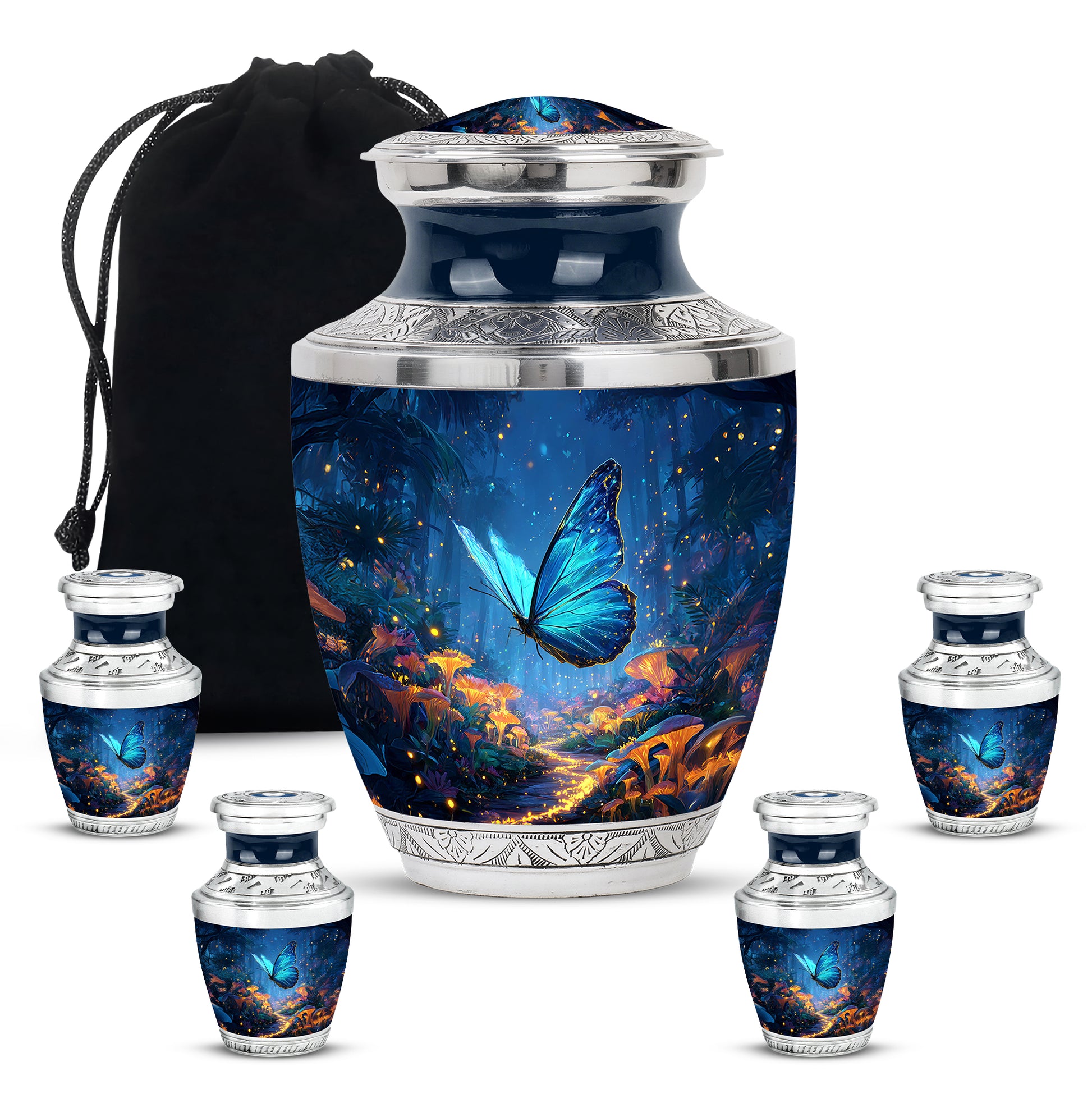 Calming Blue Butterfly Cremation Urn lifestyle display on memorial shelf - stylized abstract butterfly pattern with bold lines - memorial set with one large and four small urns