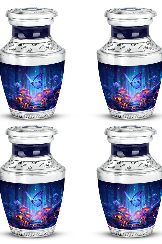 Indigo Butterfly Cremation Urn back view with polished surface - contemporary butterfly design with modern artistic flair - 10 inch aluminum urn for cremated remains