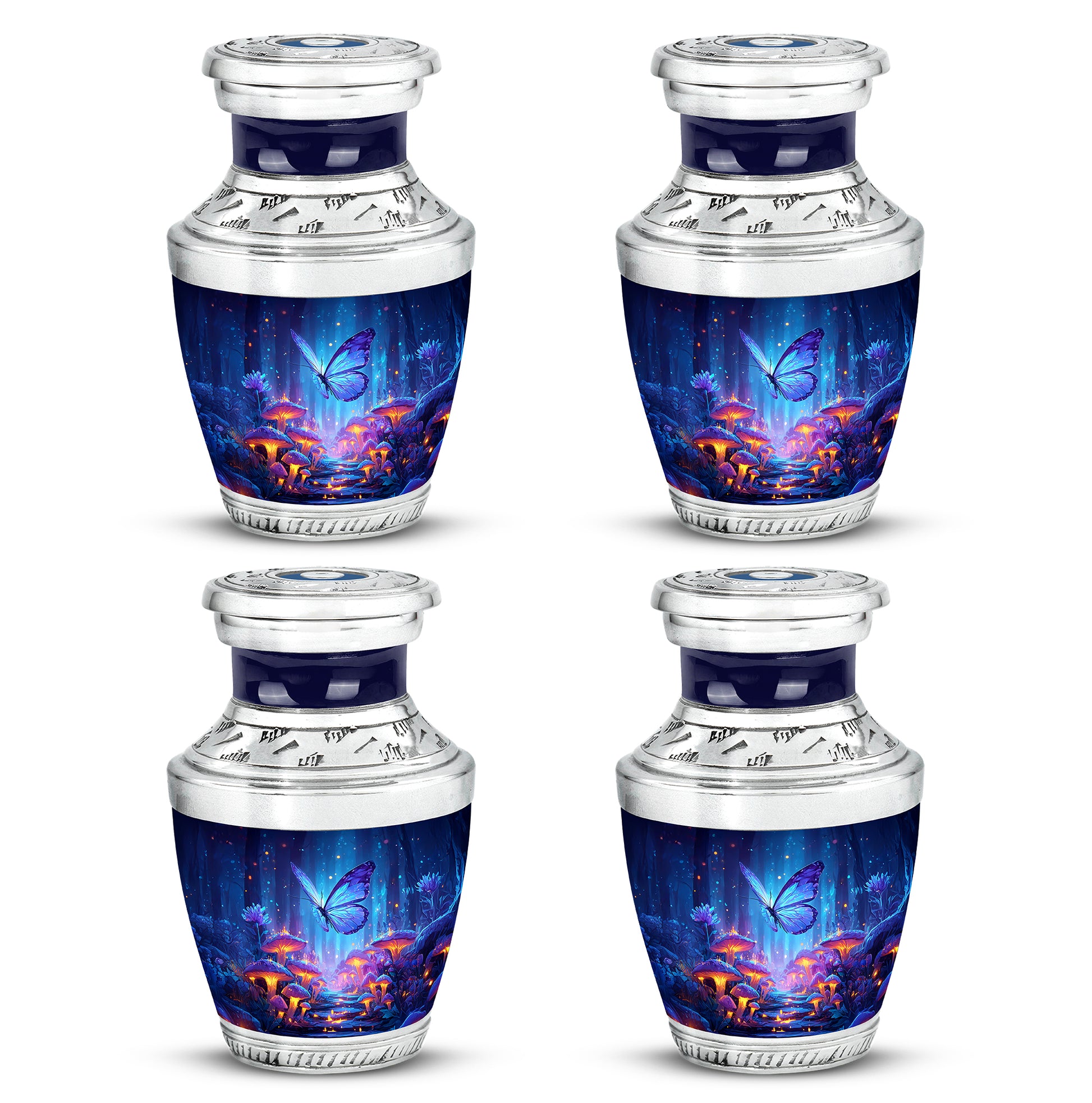 Indigo Butterfly Cremation Urn back view with polished surface - contemporary butterfly design with modern artistic flair - 10 inch aluminum urn for cremated remains