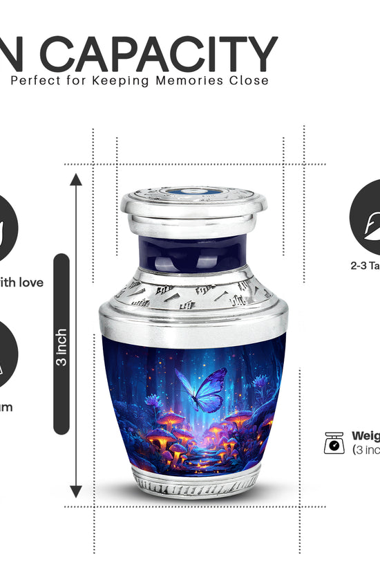 Cobalt Blue Butterfly Cremation Urn top-down view of secure threaded lid - artistic butterfly interpretation with creative detail - mini keepsake memorial for portion of cremation ashes
