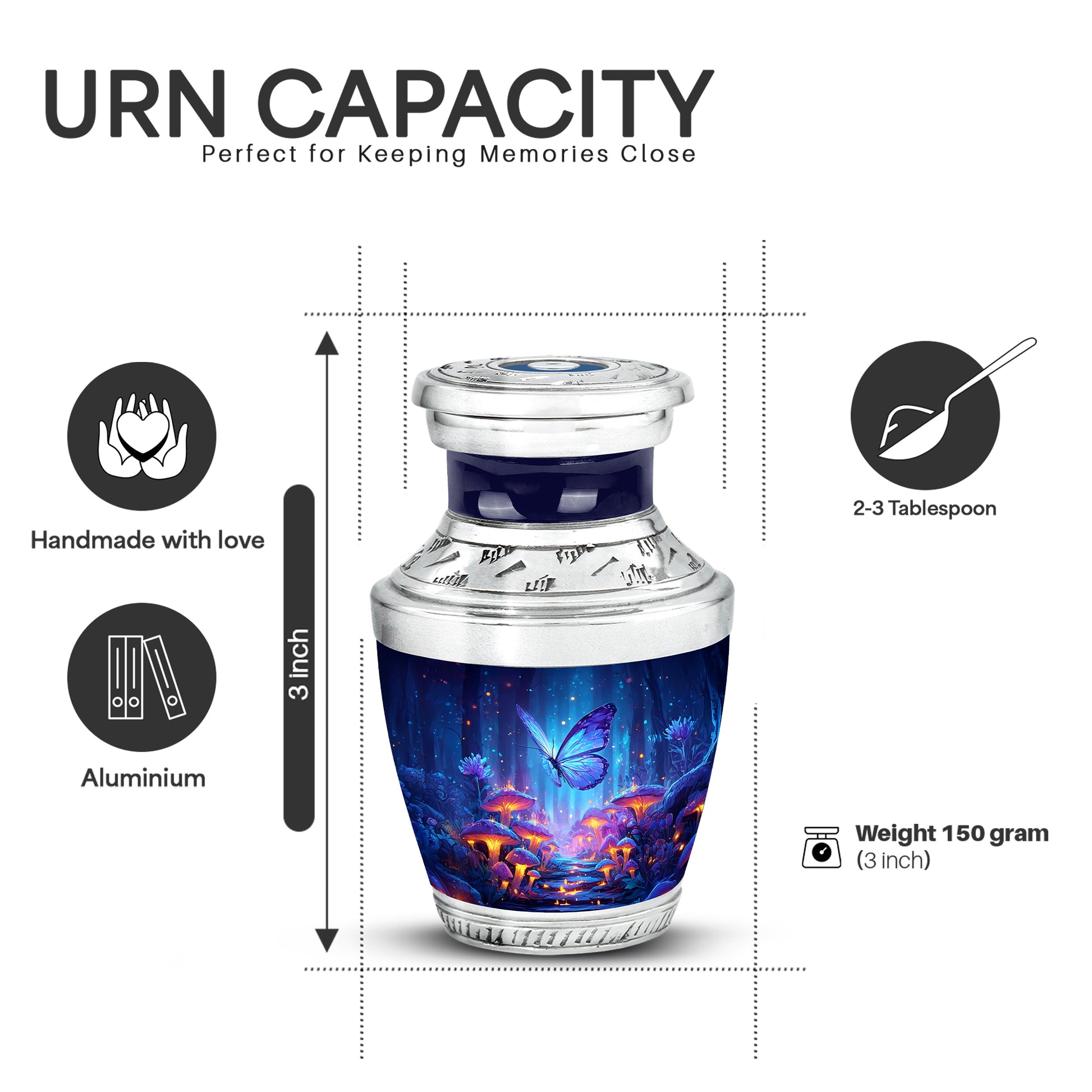 Cobalt Blue Butterfly Cremation Urn top-down view of secure threaded lid - artistic butterfly interpretation with creative detail - mini keepsake memorial for portion of cremation ashes