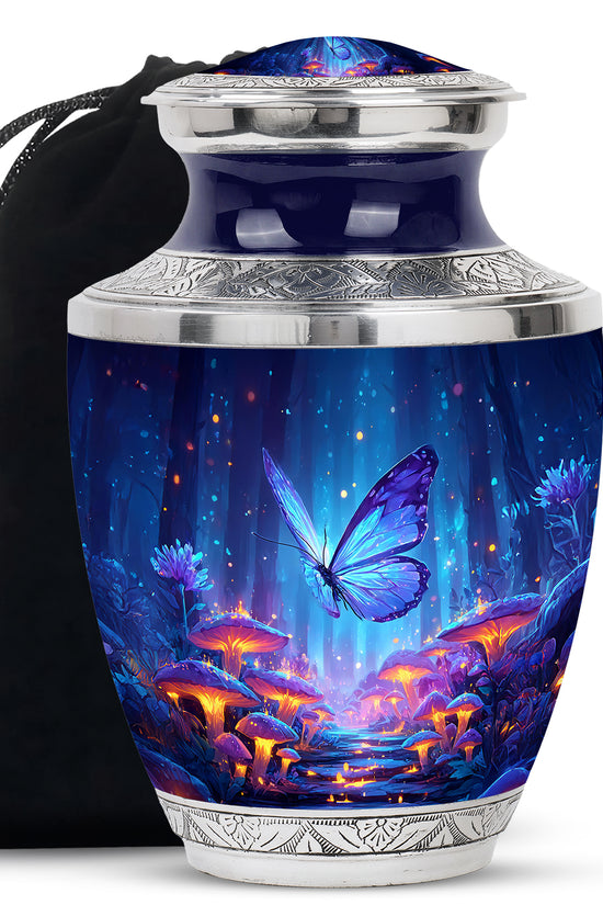 Azure Butterfly Cremation Urn side profile showing urn shape - contemporary butterfly design with modern artistic flair - full-size 10 inch 200 cubic inch adult cremation urn