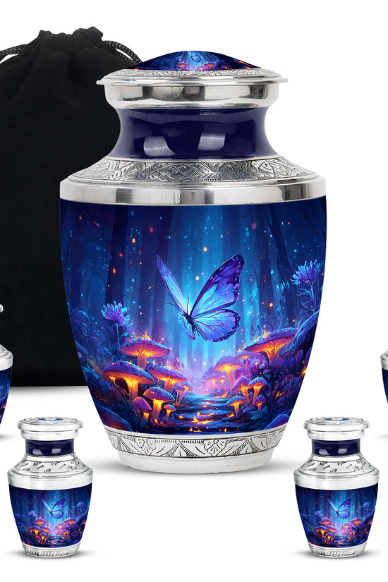 Cobalt Blue Butterfly Cremation Urn lifestyle display on memorial shelf - artistic butterfly interpretation with creative detail - memorial set with one large and four small urns