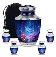 Cobalt Blue Butterfly Cremation Urn lifestyle display on memorial shelf - artistic butterfly interpretation with creative detail - memorial set with one large and four small urns