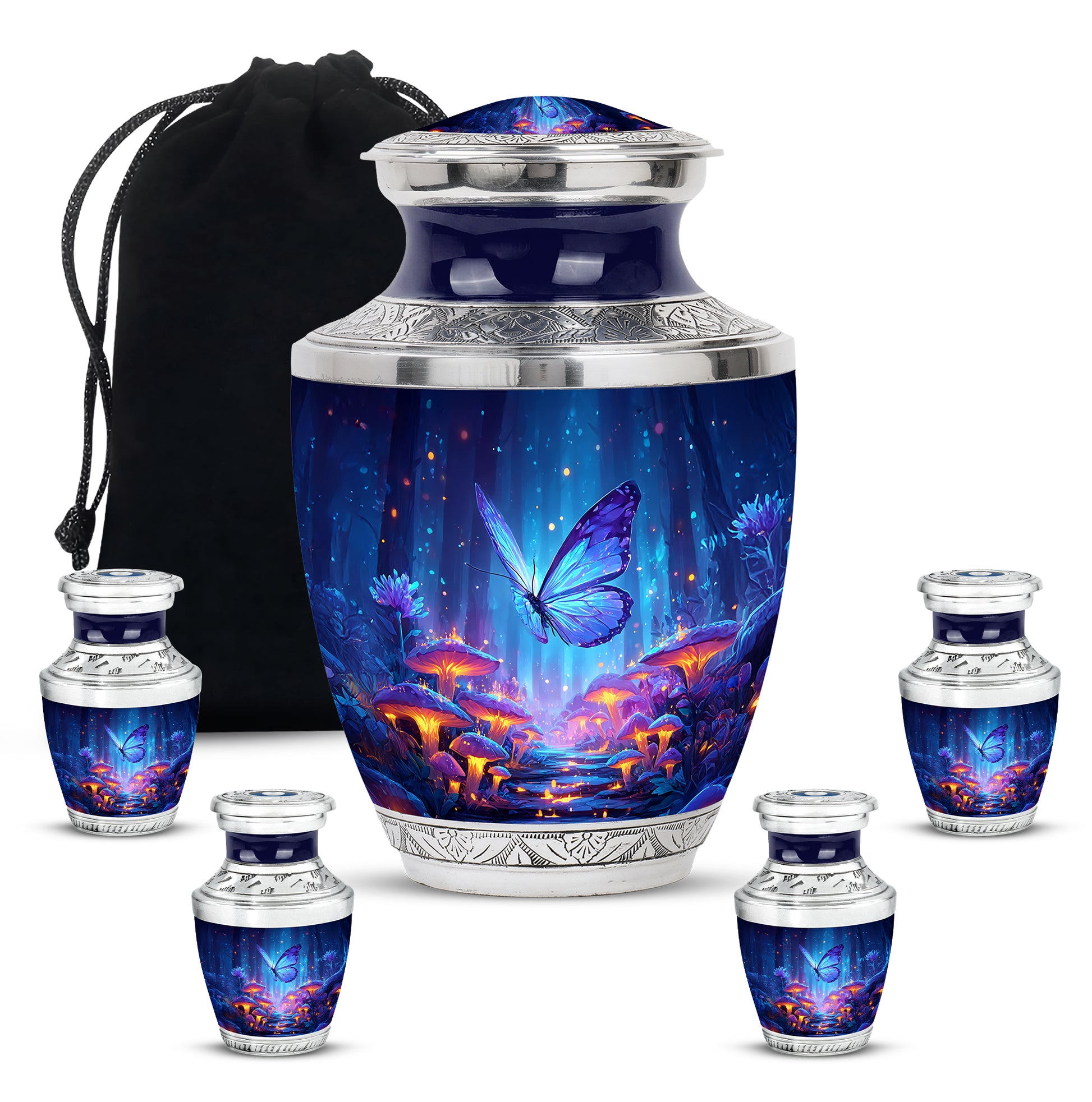 Cobalt Blue Butterfly Cremation Urn lifestyle display on memorial shelf - artistic butterfly interpretation with creative detail - memorial set with one large and four small urns