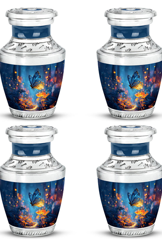 Slate Blue Butterfly Cremation Urn back view with polished surface - modern art-inspired butterfly motif on sleek aluminum - 10 inch aluminum urn for cremated remains