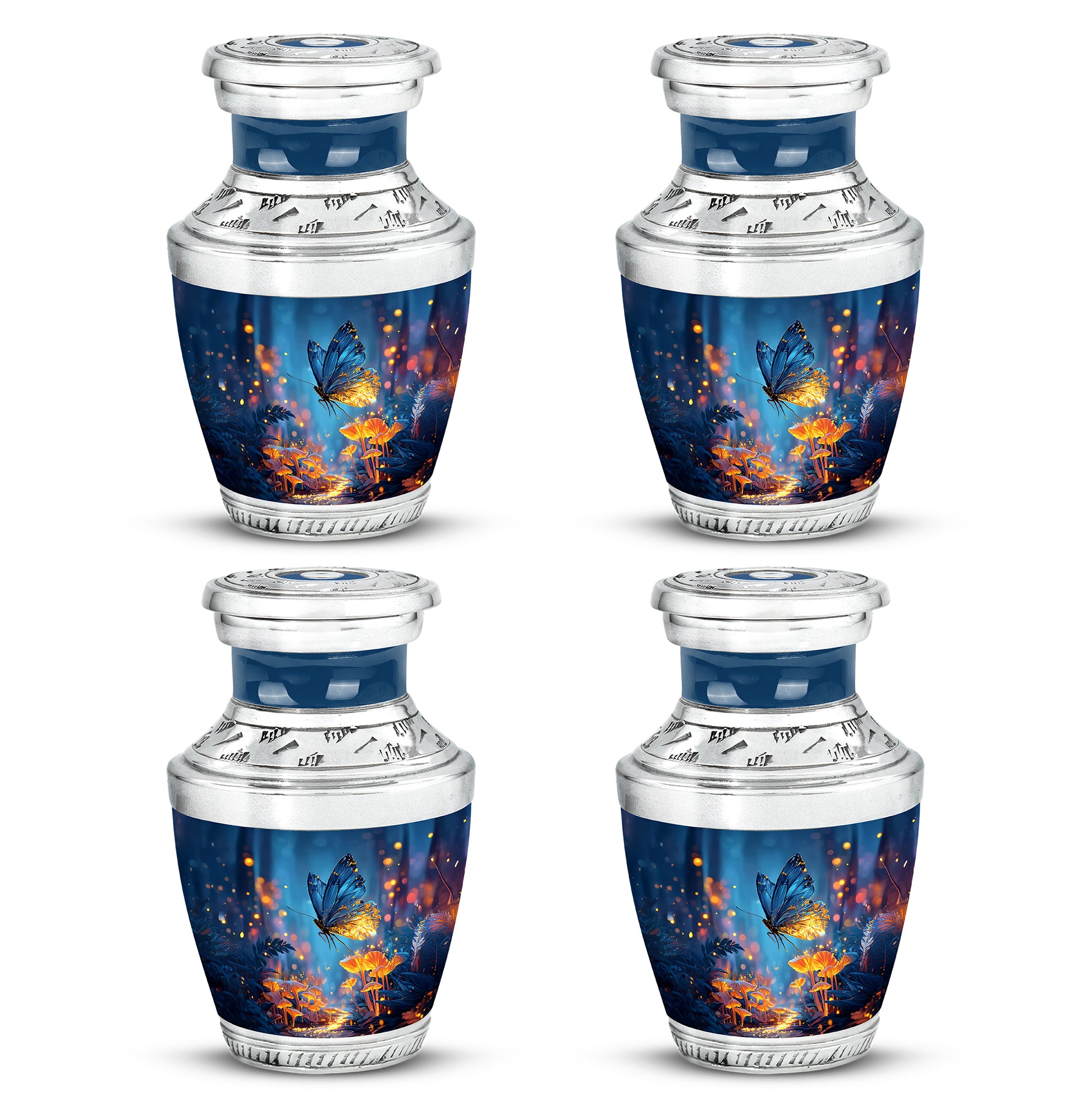 Slate Blue Butterfly Cremation Urn back view with polished surface - modern art-inspired butterfly motif on sleek aluminum - 10 inch aluminum urn for cremated remains