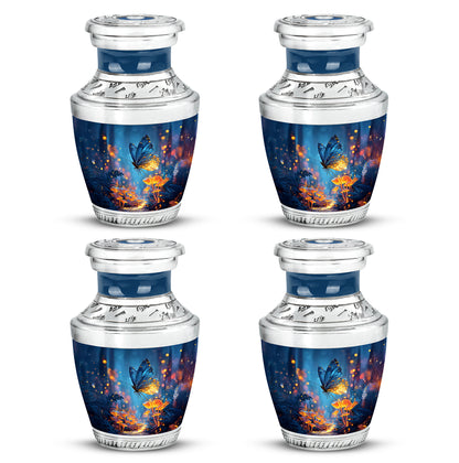 Slate Blue Butterfly Cremation Urn back view with polished surface - modern art-inspired butterfly motif on sleek aluminum - 10 inch aluminum urn for cremated remains