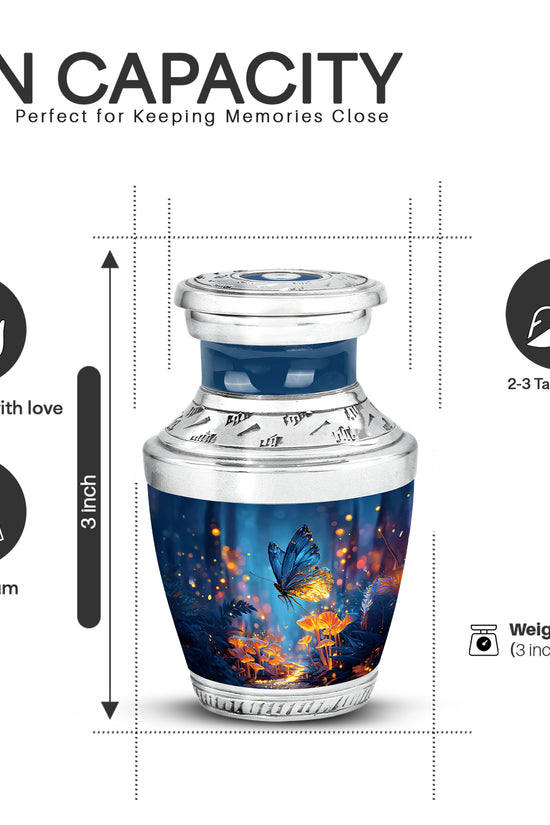 Vivid Blue Butterfly Cremation Urn top-down view of secure threaded lid - artistic butterfly interpretation with creative detail - mini keepsake memorial for portion of cremation ashes
