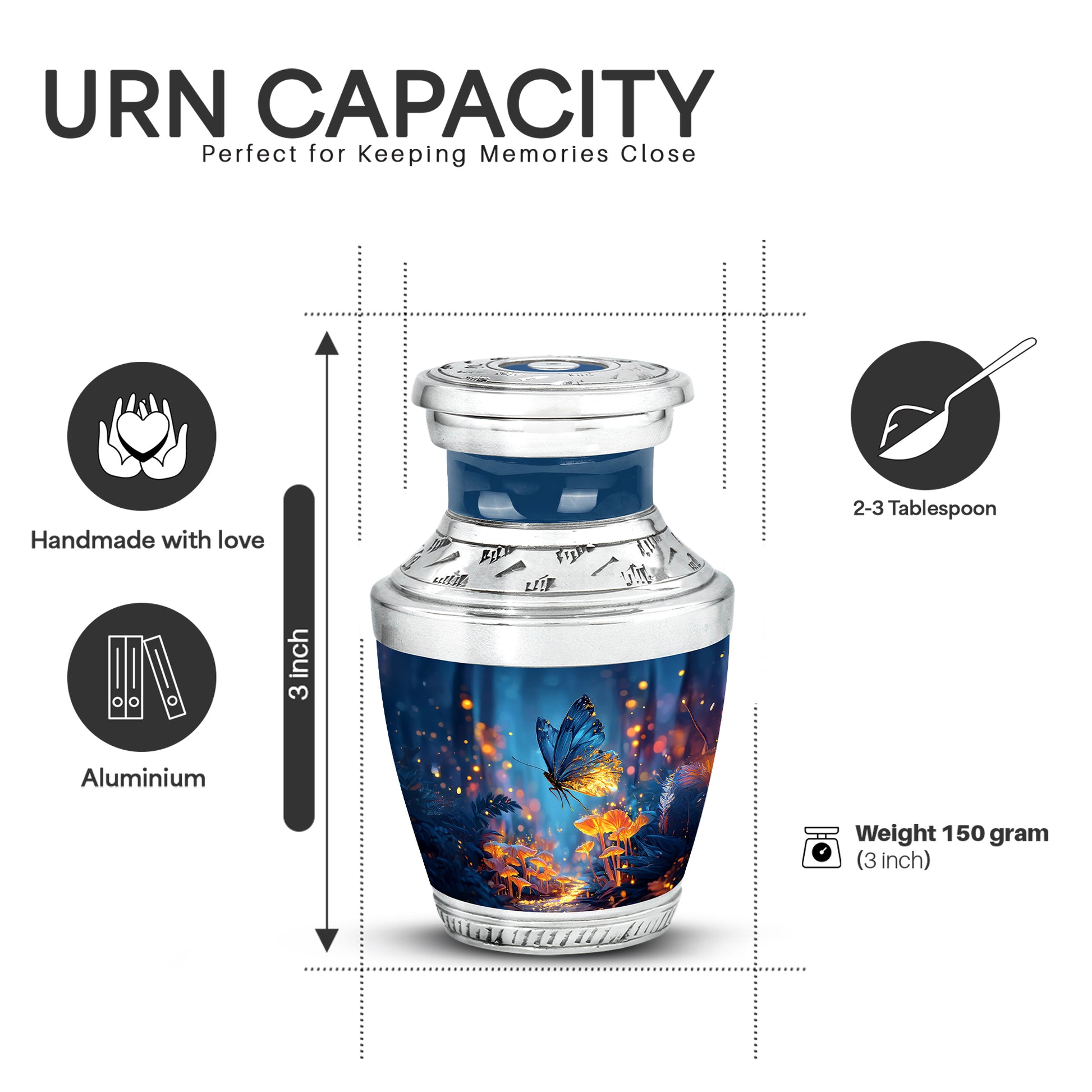 Vivid Blue Butterfly Cremation Urn top-down view of secure threaded lid - artistic butterfly interpretation with creative detail - mini keepsake memorial for portion of cremation ashes