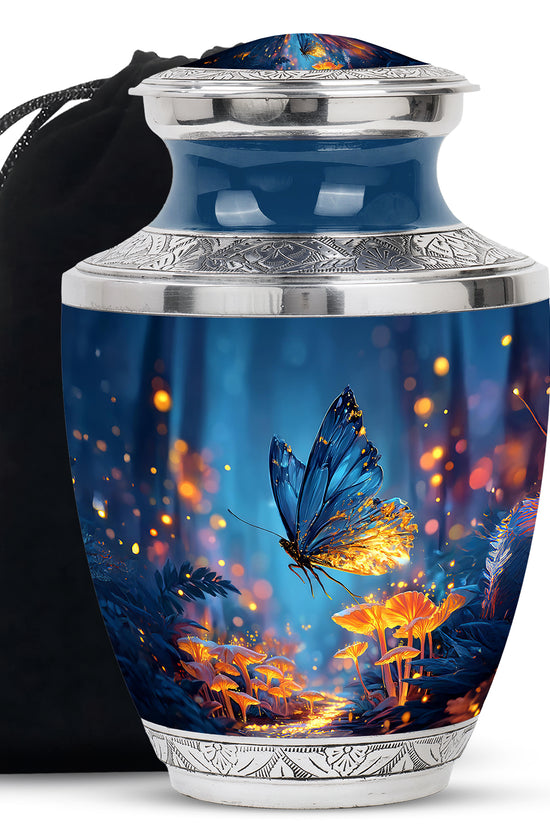Cornflower Blue Butterfly Cremation Urn side profile showing urn shape - stylized abstract butterfly pattern with bold lines - full-size 10 inch 200 cubic inch adult cremation urn