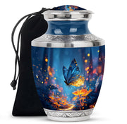 Cornflower Blue Butterfly Cremation Urn side profile showing urn shape - stylized abstract butterfly pattern with bold lines - full-size 10 inch 200 cubic inch adult cremation urn