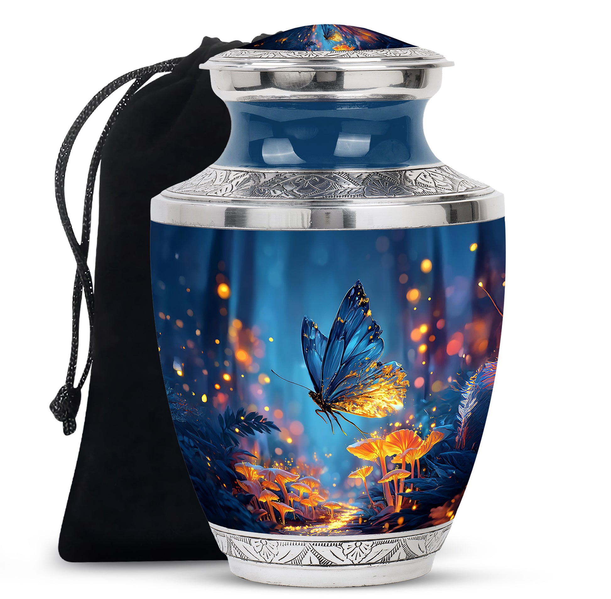 Cornflower Blue Butterfly Cremation Urn side profile showing urn shape - stylized abstract butterfly pattern with bold lines - full-size 10 inch 200 cubic inch adult cremation urn