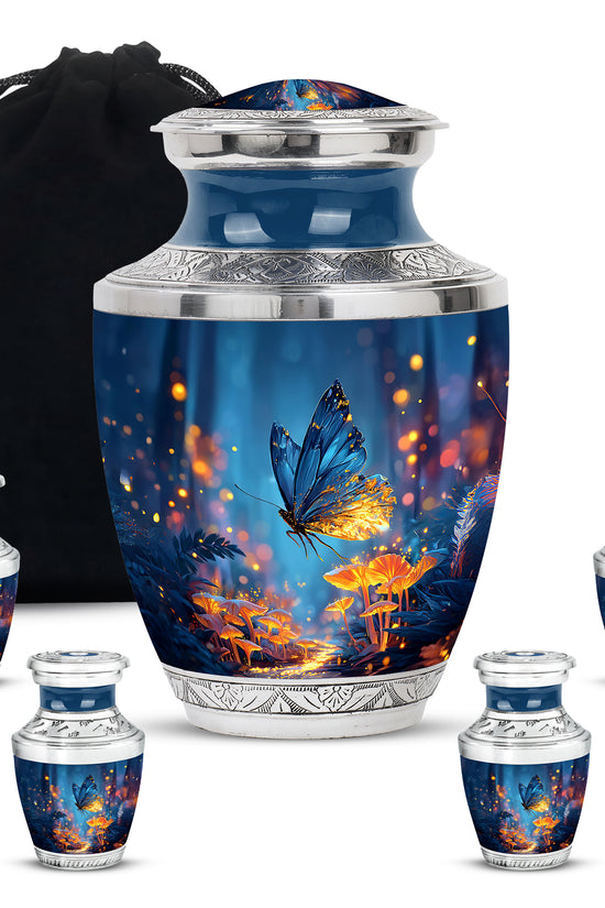 Royal Blue Butterfly Cremation Urn lifestyle display on memorial shelf - artistic butterfly interpretation with creative detail - memorial set with one large and four small urns