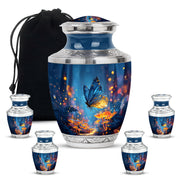 Royal Blue Butterfly Cremation Urn lifestyle display on memorial shelf - artistic butterfly interpretation with creative detail - memorial set with one large and four small urns