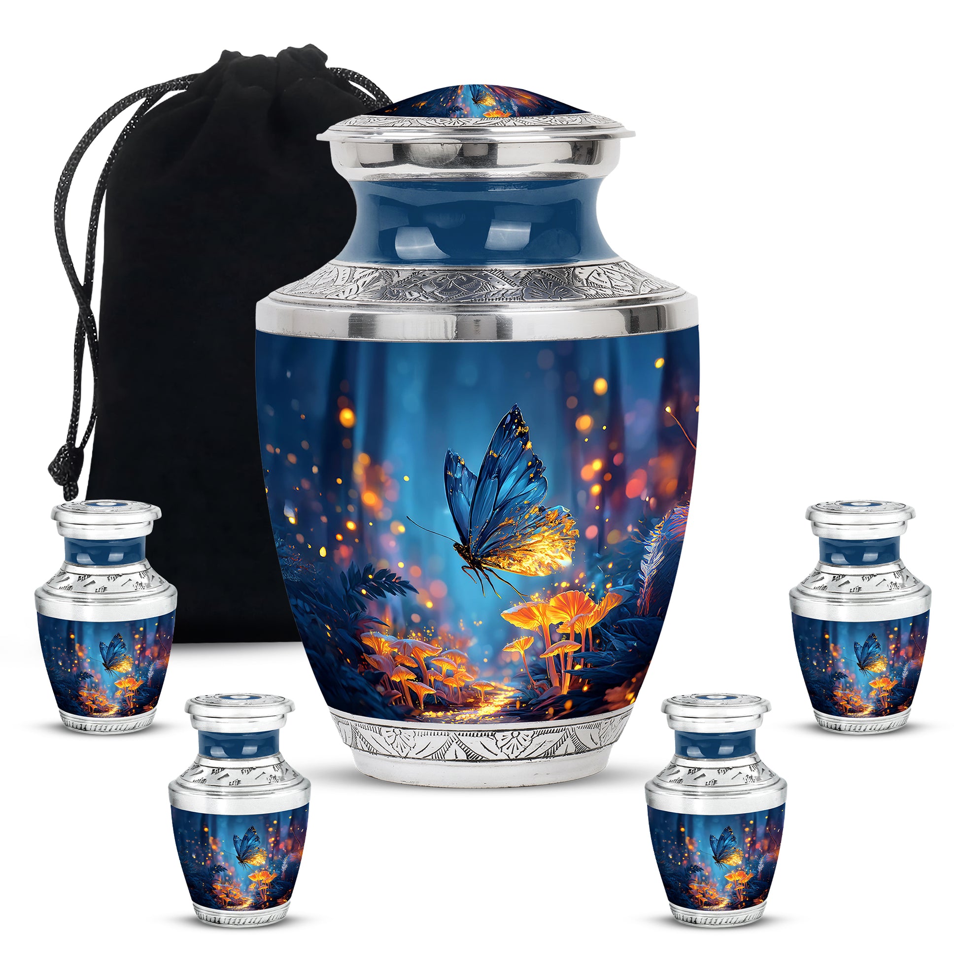 Royal Blue Butterfly Cremation Urn lifestyle display on memorial shelf - artistic butterfly interpretation with creative detail - memorial set with one large and four small urns