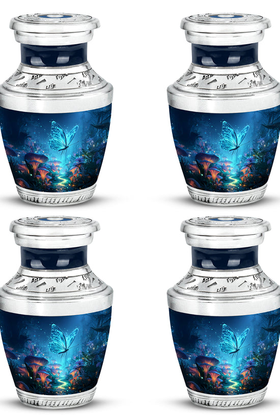 Icy Blue Butterfly Cremation Urn back view with polished surface - modern art-inspired butterfly motif on sleek aluminum - 10 inch aluminum urn for cremated remains