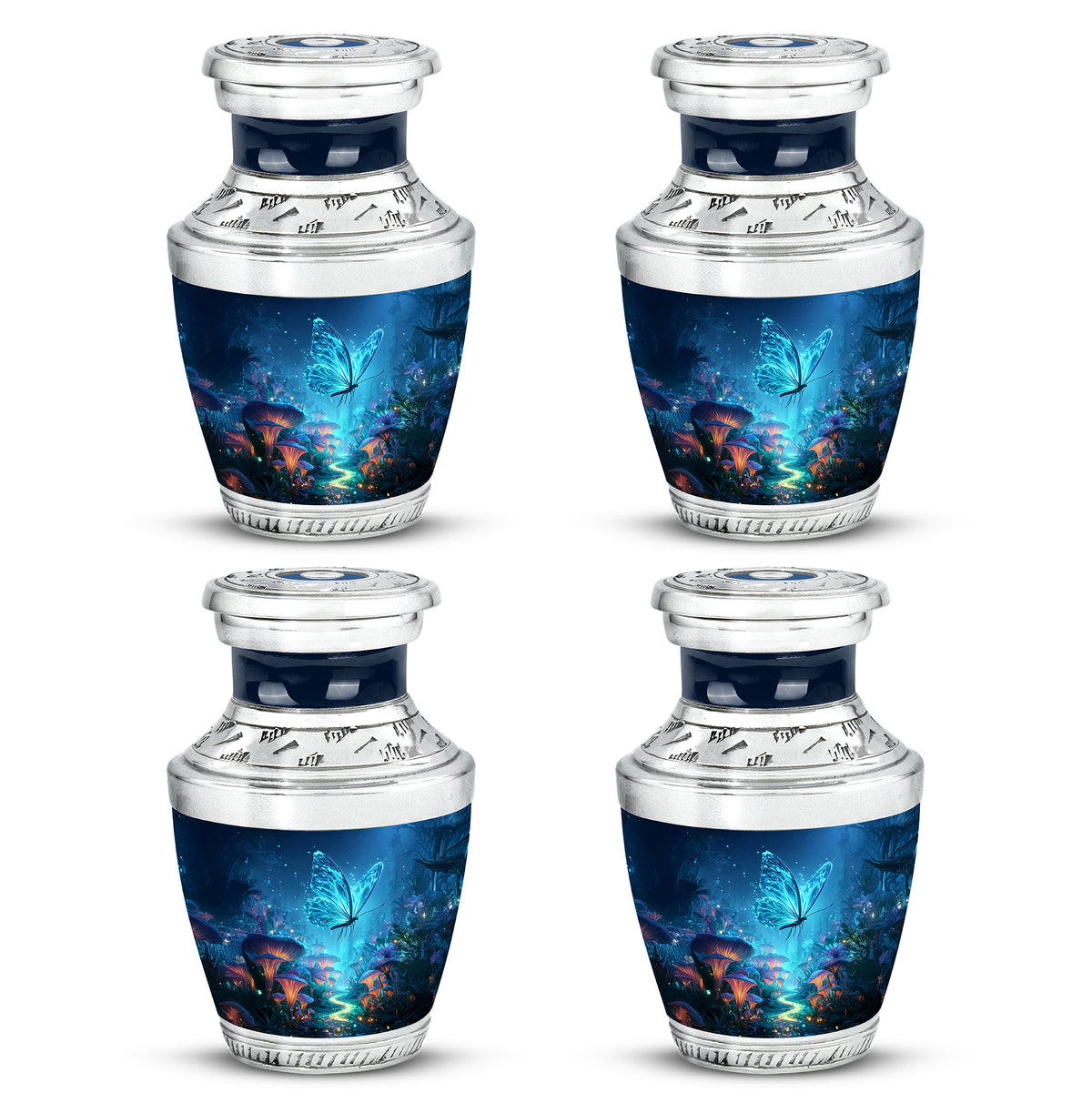 Icy Blue Butterfly Cremation Urn back view with polished surface - modern art-inspired butterfly motif on sleek aluminum - 10 inch aluminum urn for cremated remains
