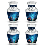 Icy Blue Butterfly Cremation Urn back view with polished surface - modern art-inspired butterfly motif on sleek aluminum - 10 inch aluminum urn for cremated remains