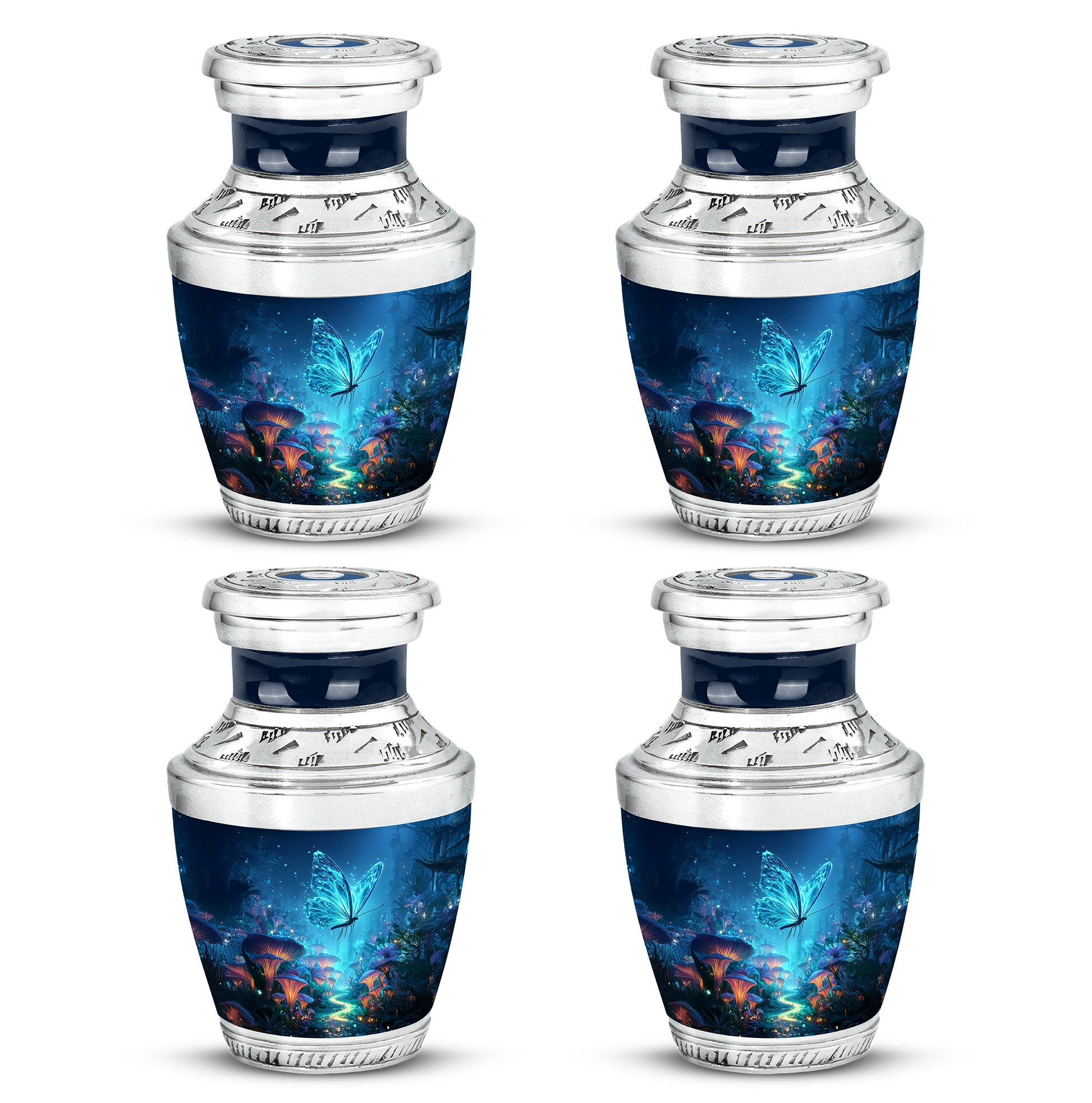 Icy Blue Butterfly Cremation Urn back view with polished surface - modern art-inspired butterfly motif on sleek aluminum - 10 inch aluminum urn for cremated remains