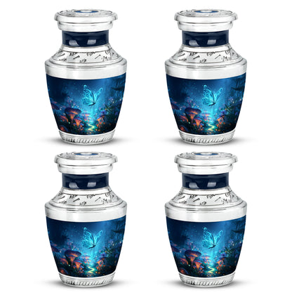 Icy Blue Butterfly Cremation Urn back view with polished surface - modern art-inspired butterfly motif on sleek aluminum - 10 inch aluminum urn for cremated remains