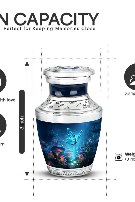 Celestial Blue Butterfly Cremation Urn top-down view of secure threaded lid - modern art-inspired butterfly motif on sleek aluminum - mini keepsake memorial for portion of cremation ashes