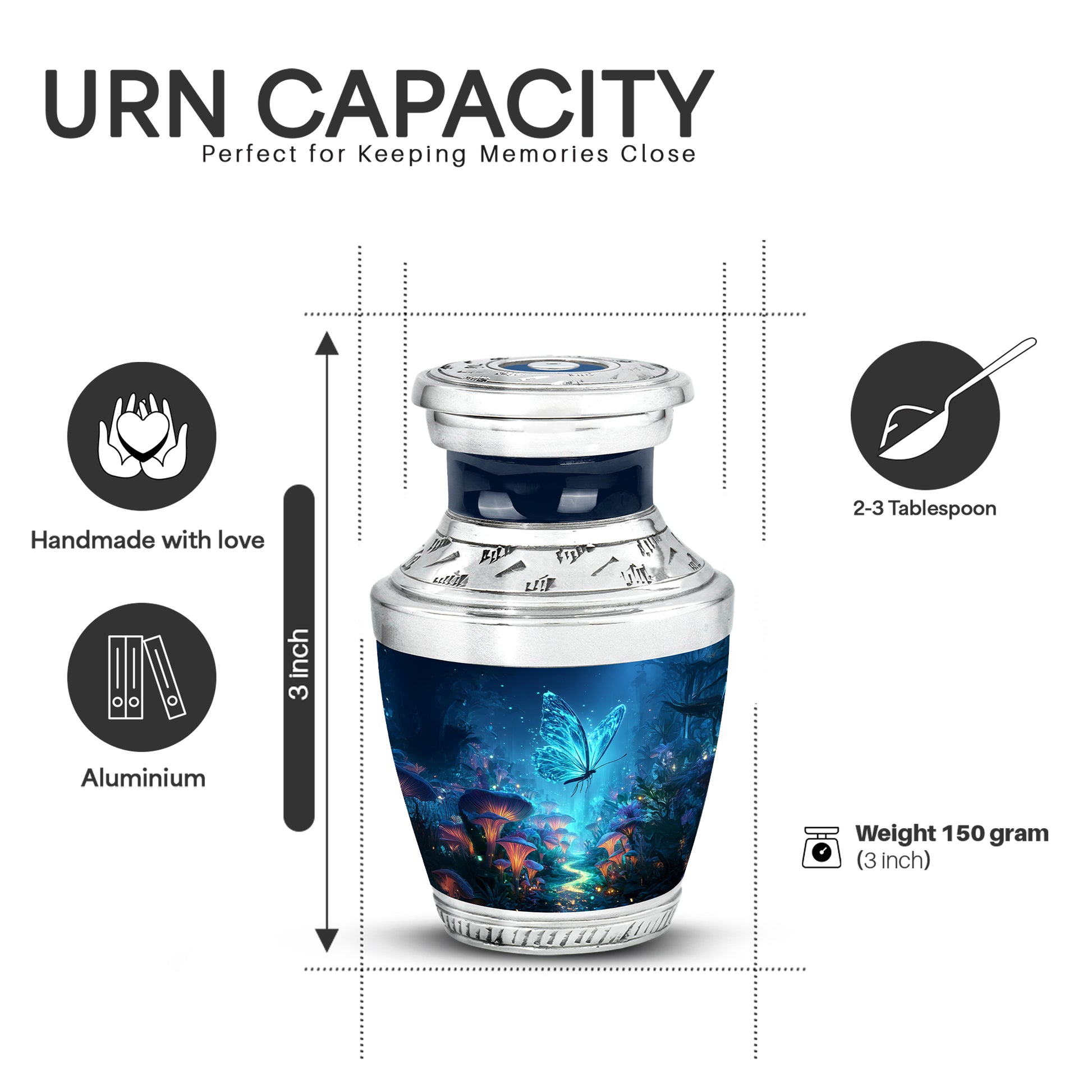 Celestial Blue Butterfly Cremation Urn top-down view of secure threaded lid - modern art-inspired butterfly motif on sleek aluminum - mini keepsake memorial for portion of cremation ashes