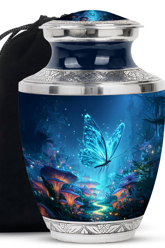Soft Blue Butterfly Cremation Urn side profile showing urn shape - stylized abstract butterfly pattern with bold lines - full-size 10 inch 200 cubic inch adult cremation urn