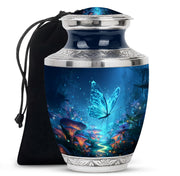 Soft Blue Butterfly Cremation Urn side profile showing urn shape - stylized abstract butterfly pattern with bold lines - full-size 10 inch 200 cubic inch adult cremation urn