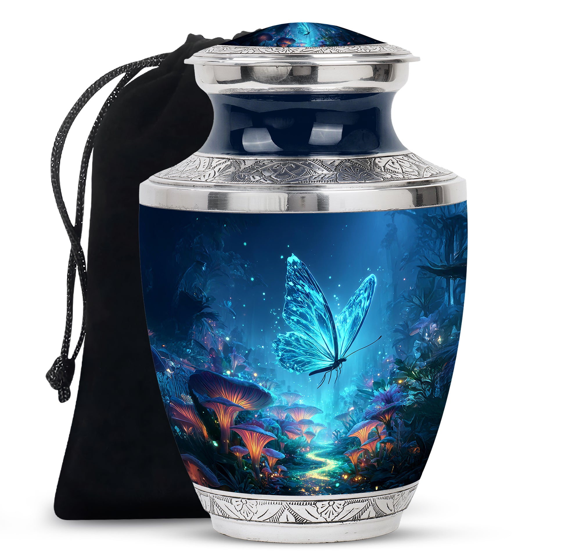 Soft Blue Butterfly Cremation Urn side profile showing urn shape - stylized abstract butterfly pattern with bold lines - full-size 10 inch 200 cubic inch adult cremation urn