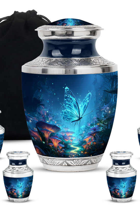 Slate Blue Butterfly Cremation Urn lifestyle display on memorial shelf - contemporary butterfly design with modern artistic flair - memorial set with one large and four small urns