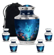 Slate Blue Butterfly Cremation Urn lifestyle display on memorial shelf - contemporary butterfly design with modern artistic flair - memorial set with one large and four small urns