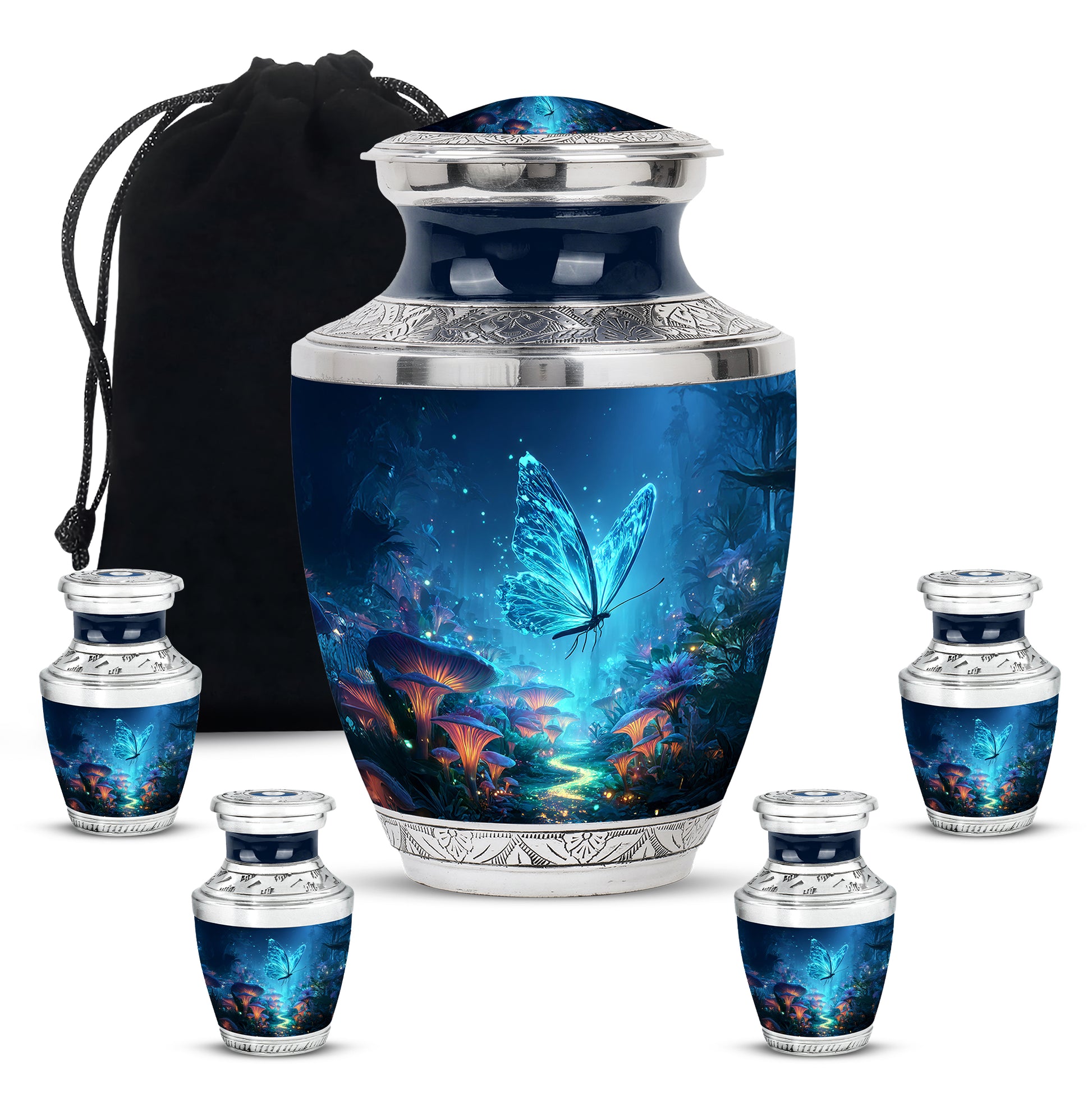 Slate Blue Butterfly Cremation Urn lifestyle display on memorial shelf - contemporary butterfly design with modern artistic flair - memorial set with one large and four small urns