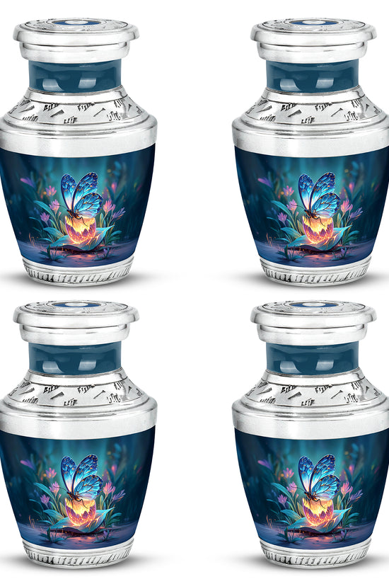 Vivid Blue Butterfly Cremation Urn back view with polished surface - artistic butterfly interpretation with creative detail - 10 inch aluminum urn for cremated remains
