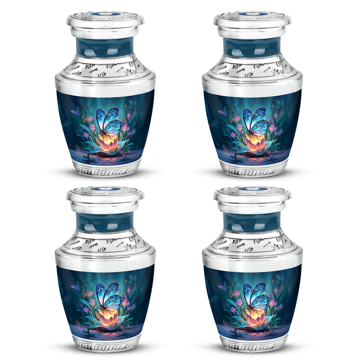 Vivid Blue Butterfly Cremation Urn back view with polished surface - artistic butterfly interpretation with creative detail - 10 inch aluminum urn for cremated remains
